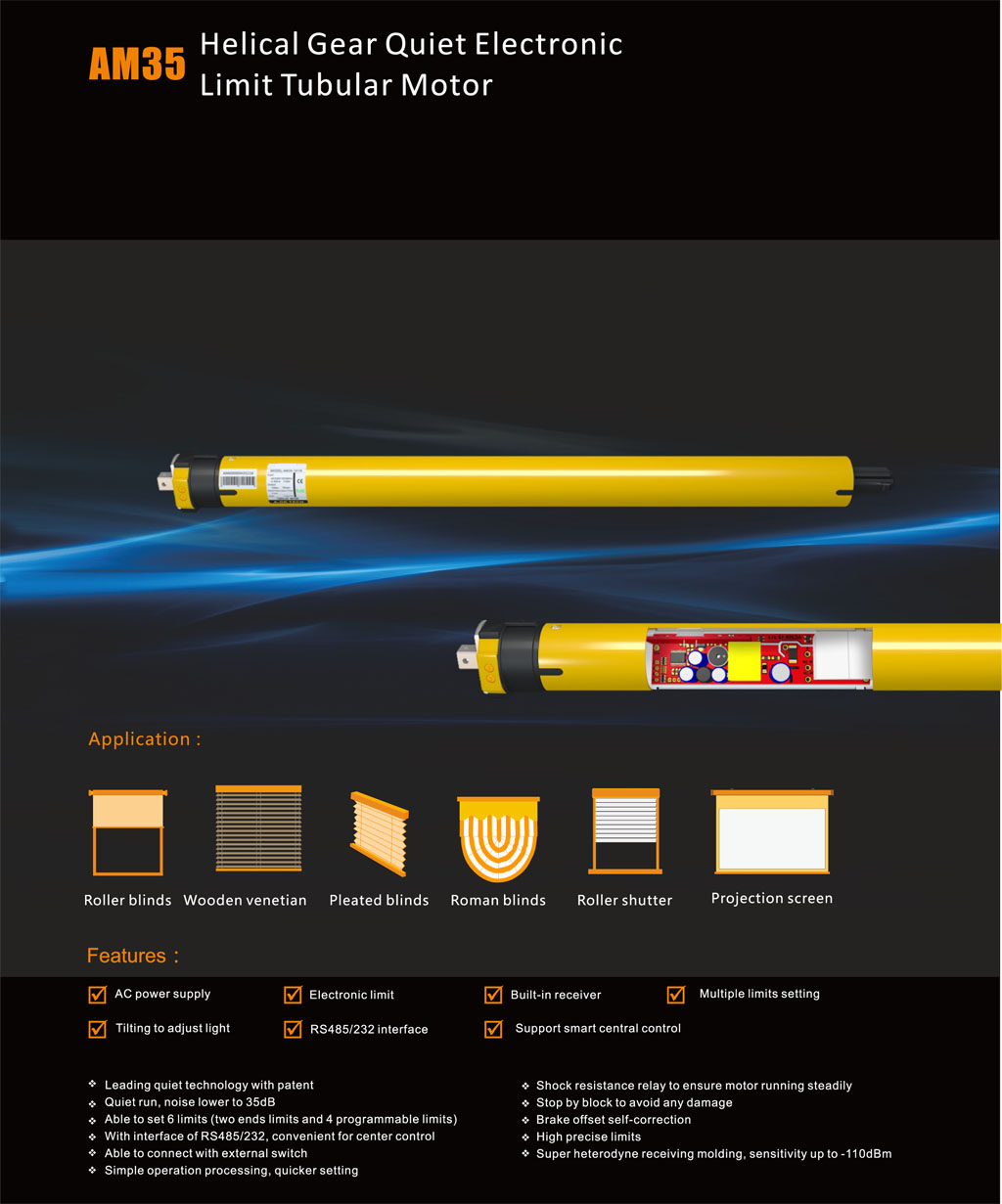 AM35 Helical Gear Quiet Electronic Limit Tubular Motor
