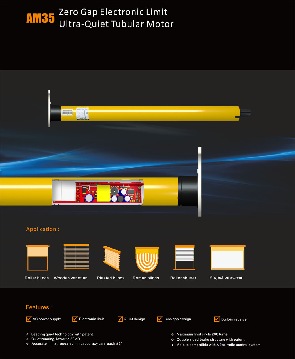 AM35 Zero Gap Electronic Limit Ultra-Quiet Tubular Motor